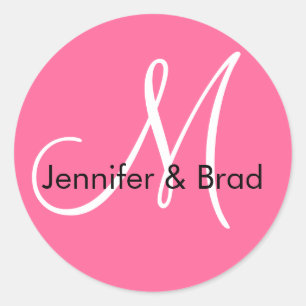 Pink White Monogram M  Bride Groom Names Classic Round Sticker