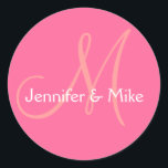 Pink White Monogram Wedding Favour Sticker<br><div class="desc">Pink White Monogram Wedding Favour Sticker. Elke Clarke© Personalise this lovely monogrammed sticker with your names and initial of you last name. This multipurpose sticker can be used for your wedding invitations,  wedding favours,  wedding treat bags or wedding cake boxes.</div>