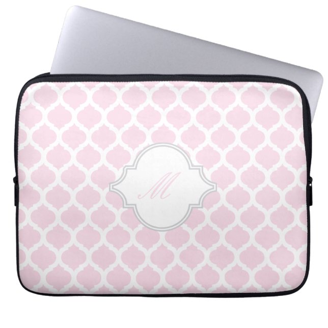 Pink & White Moroccan with Monogram Laptop Sleeve (Front)