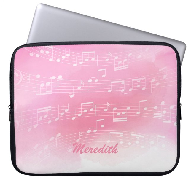 Pink-White Music Notes and Custom Monogram Laptop Sleeve (Front)