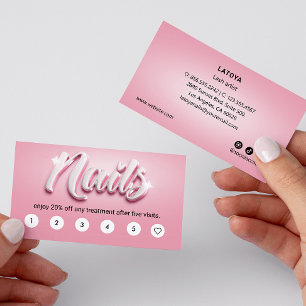 Pink & White Nail artist 3D TEXT 6 Punch Customer  Business Card