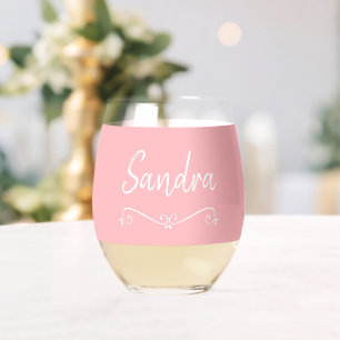 Pink White Name Birthday 4Sandra Drinkware Set Stemless Wine Glass