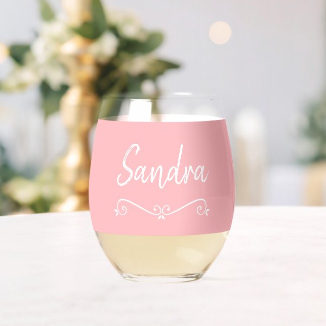 Pink White Name Birthday 4Sandra Drinkware Set Stemless Wine Glass (Insitu (Wedding))