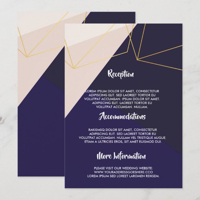 Pink white navy blue & gold geometric invitation (Front/Back)