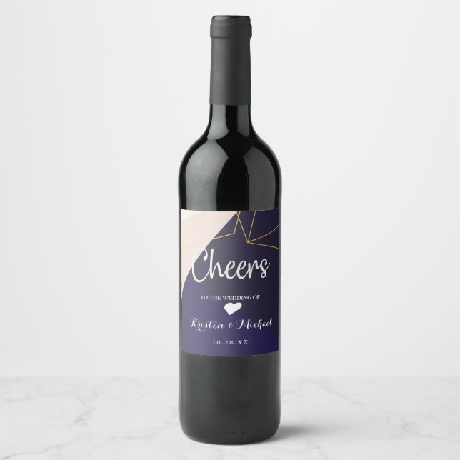 Pink white navy blue & gold geometric wine label (Front)