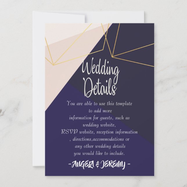 Pink white navy blue & gold geomeWedding Reception Invitation (Front)