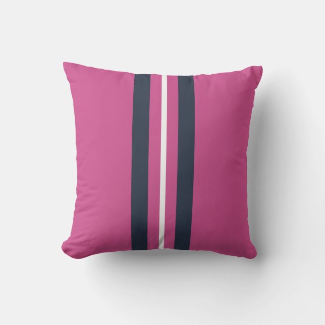 Pink White Navy Vertical Stripes Cushion (Front)
