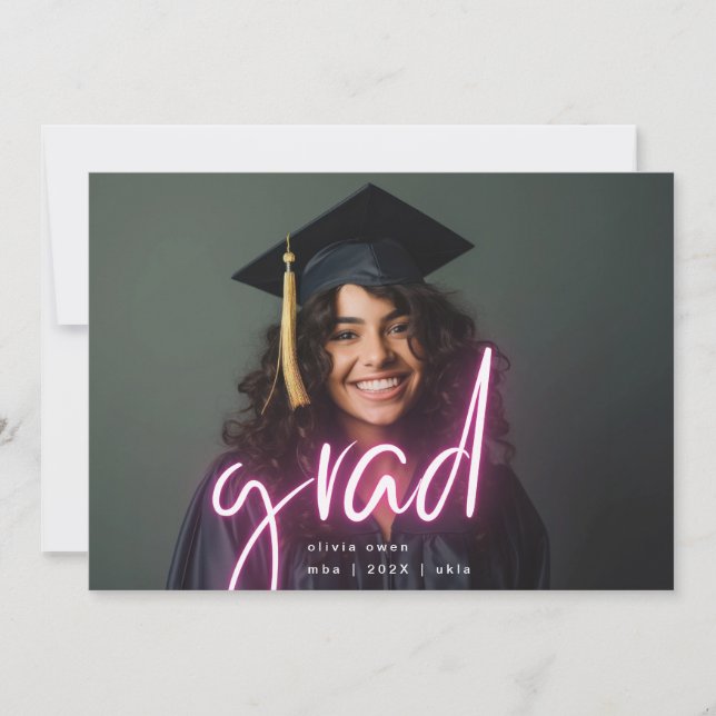 Pink White Neon Elegant Grad Graduate Two Photo Announcement (Front)