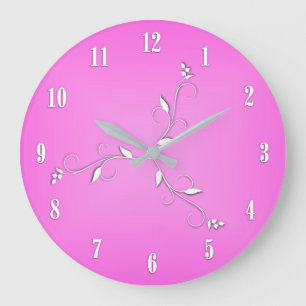 Pink White Numbers Vine Accents Large Clock