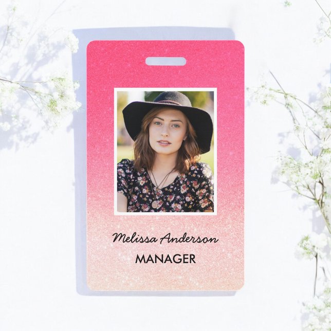 Pink White Ombre Glitter Staff Photo ID Badge (Creator Uploaded)