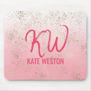 Pink White Ombre Speckled Gold Flakes Monogram Mouse Pad