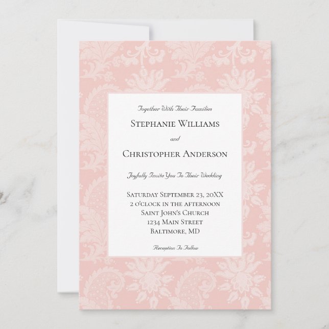 Pink White Ornate Floral Elegant Formal Wedding Invitation (Front)