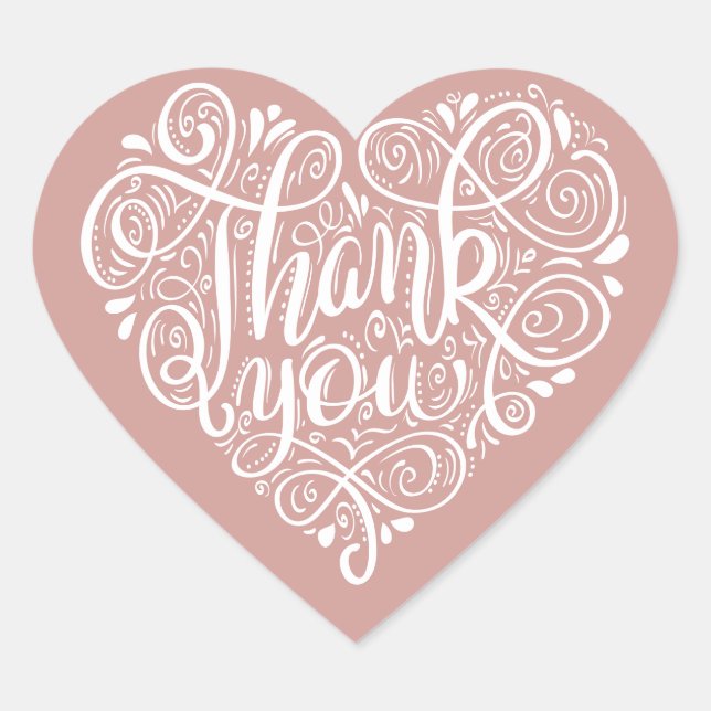 Pink white ornate script calligraphy art thank you heart sticker (Front)
