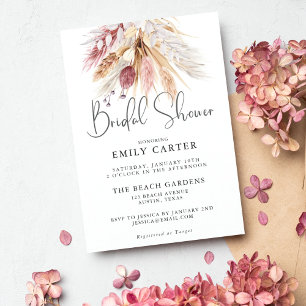 Pink White Pampas Grass Bouquet Bridal Shower Invitation