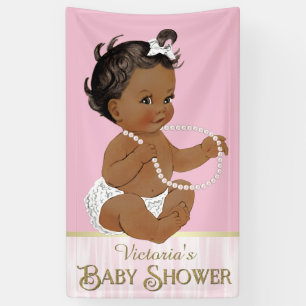 Pink White Pearl African American Girl Baby Shower Banner