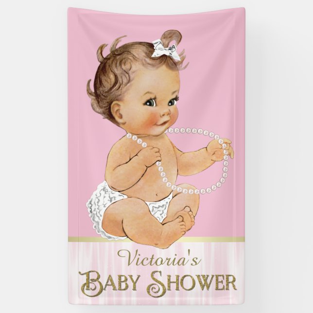 Pink White Pearls Girl Baby Shower Banner (Vertical)