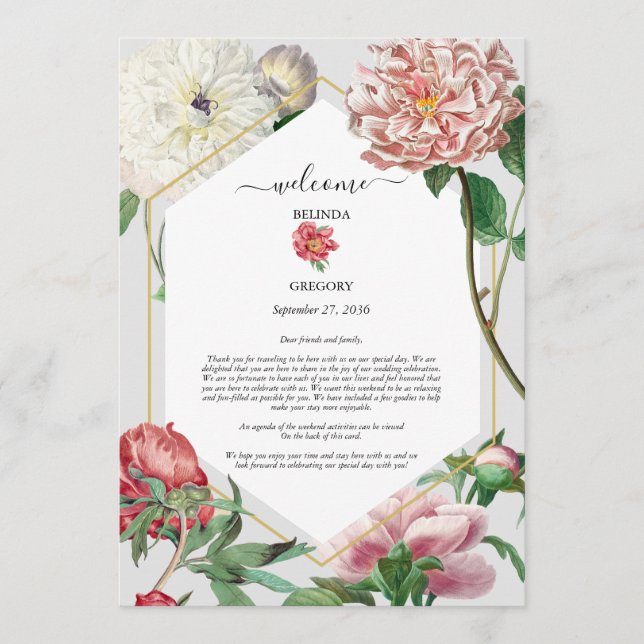 Pink White Peonies Flowers Wedding Itinerary  Programme (Front)
