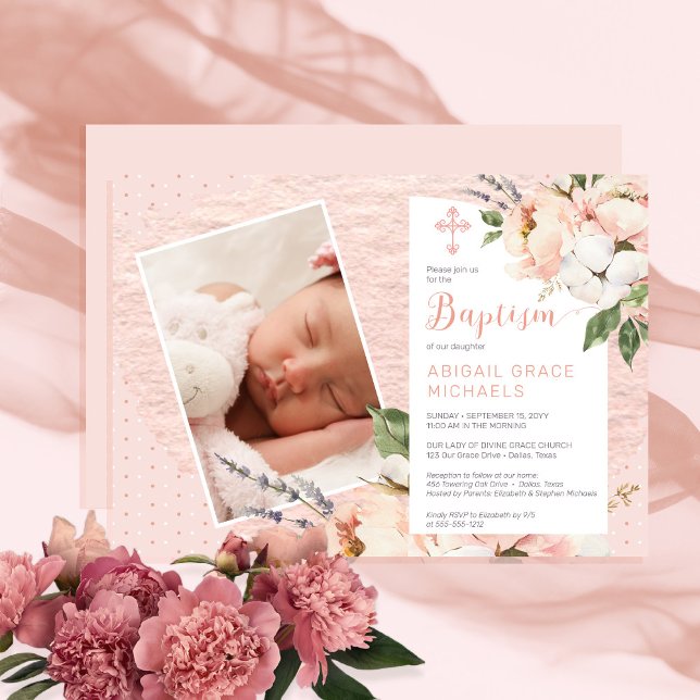 Pink | White Peony Blooms Girl Baby Photo Baptism Invitation (Creator Uploaded)