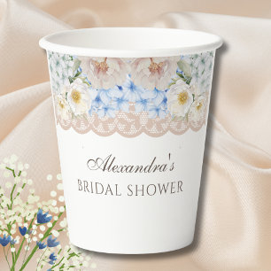 Pink White Peony Blue Hydrangea Bridal Shower Paper Cups