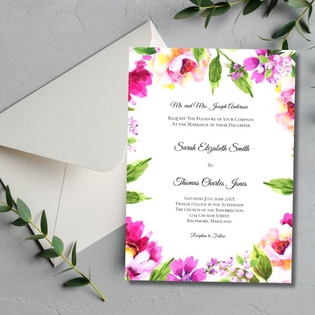 Pink White Peony Floral Greenery Elegant Wedding Invitation (Pink Green Watercolor Floral Traditional Formal Wedding Invitation. Elegant Church Wedding)