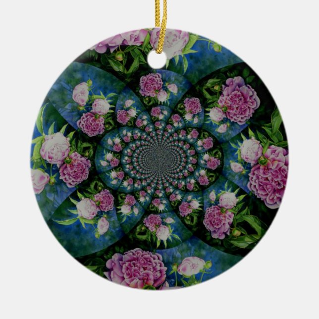 Pink white peony floral watercolor mandala ceramic tree decoration (Front)