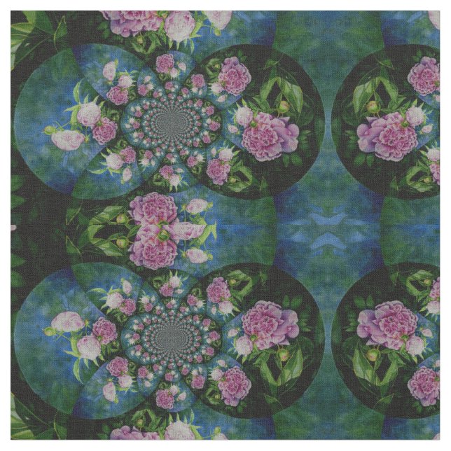 Pink white peony floral watercolor mandala fabric (Close Up)