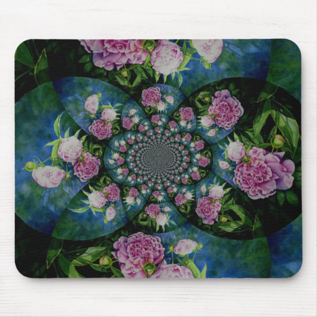 Pink white peony floral watercolor mandala mouse pad (Front)