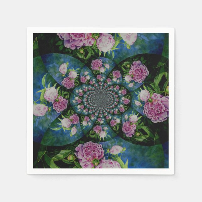 Pink white peony floral watercolor mandala napkin (Front)
