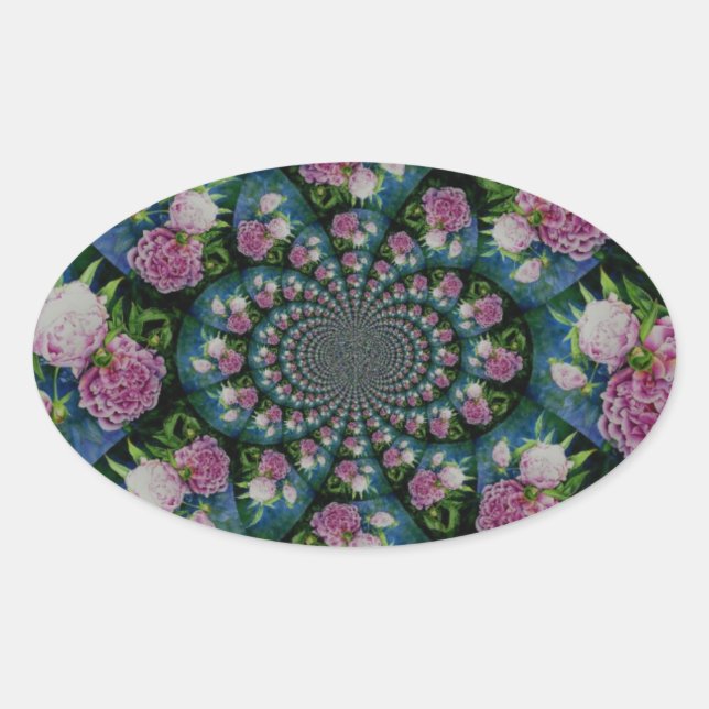 Pink white peony floral watercolor mandala oval sticker (Front)