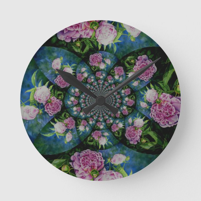 Pink white peony floral watercolor mandala round clock (Front)
