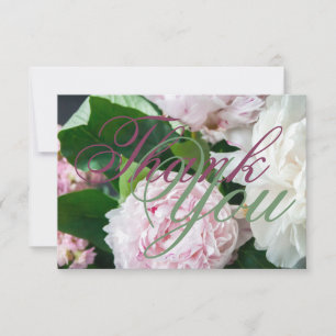 Pink White Peony Full Bloom Greenery Wedding Thank You Card