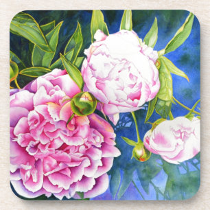 Pink white peony painting romantic floral coaster