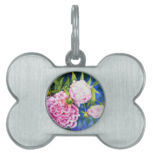 Pink white peony painting   romantic floral pet tag