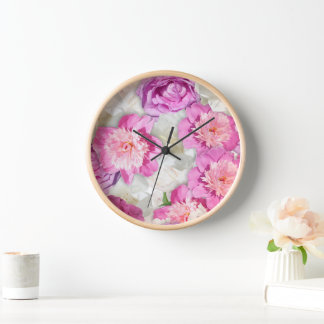 Pink White Peony Rose - Romantic Floral Clock