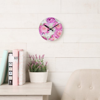 Pink White Peony Rose - Romantic Floral Round Clock