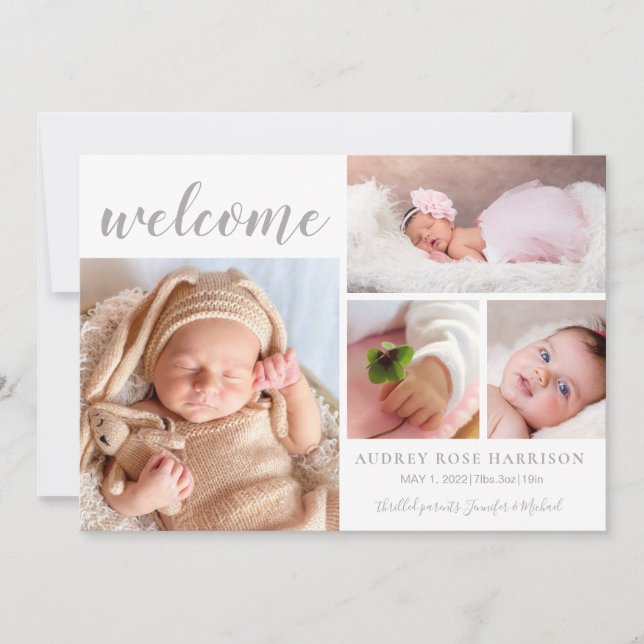 Pink White Photo Collage Baby Girl Welcome Birth Announcement (Front)