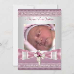 Pink White Photo Cross Baptism Christening Invitation