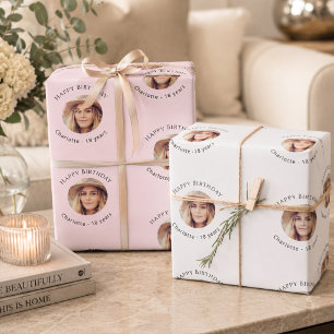 Pink White Photo Girl Birthday Wrapping Paper Sheet