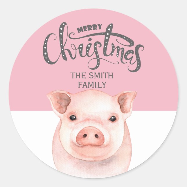 Pink White Pig Merry Christmas Family Name Classic Round Sticker (Front)