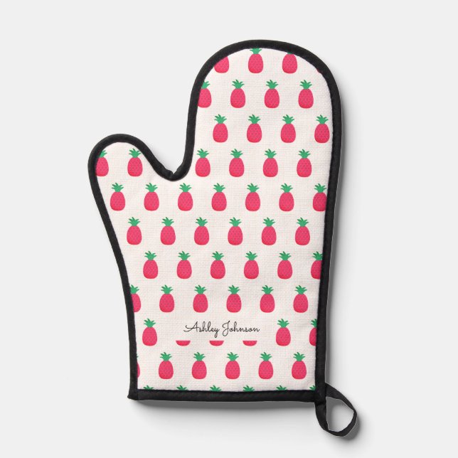 Pink White Pineapple Fruit Pattern Oven Mitt (Front)