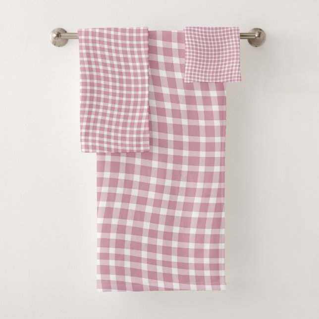 Pink White Plaid Chequered Seamless Pattern Bath Towel Set (Insitu)