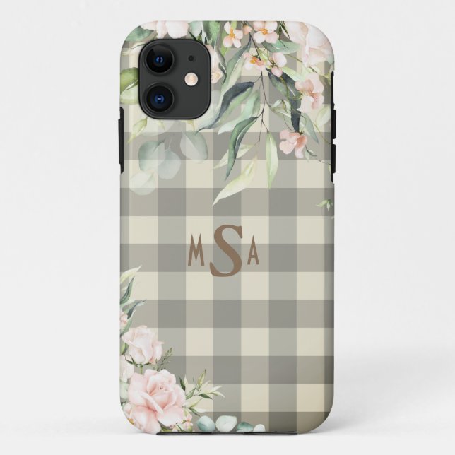 Pink & White Plaid Gingham Tan Floral Monogram Case-Mate iPhone Case (Back)