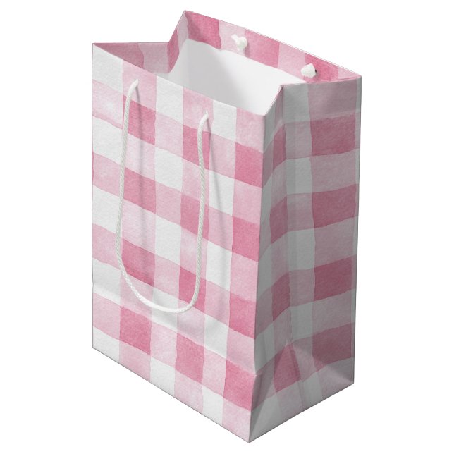 Pink White Plaid Stripes Birthday Medium Gift Bag (Front Angled)