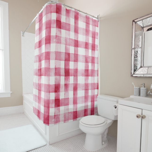 Pink White Plaid Stripes Birthday Shower Curtain (In Situ)