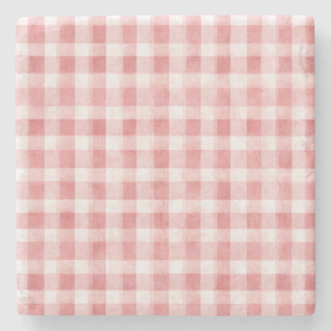 Pink White Plaid Stripes Stone Coaster (Front)