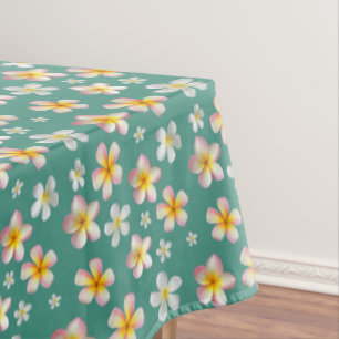 Pink & White Plumeria Flowers on Teal Tablecloth