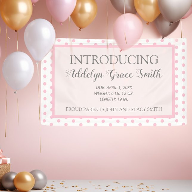 Pink White Polka Dot Baby Girl Shower Introduction Banner (Pink and white polka dot baby shower banner)
