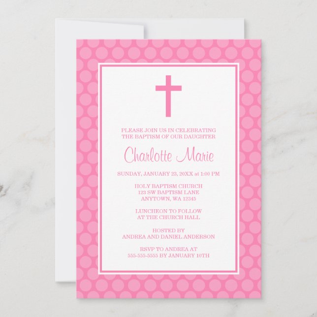 Pink White Polka Dot Cross Baptism Christening Invitation (Front)