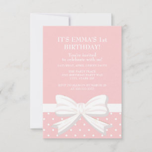 Pink White Polka Dot Little Girl First Birthday Invitation