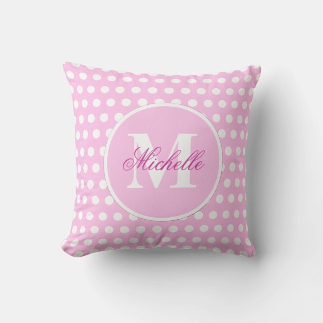 Pink White Polka Dot Monogram Pillow (Front)